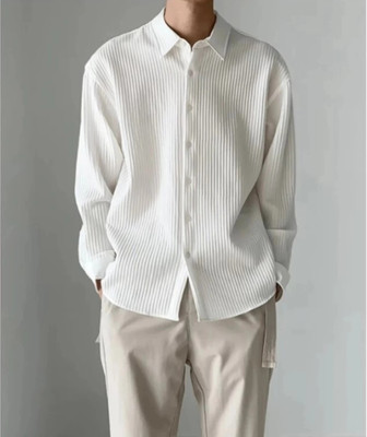 FUBACK Men Self Design Casual White Shirt