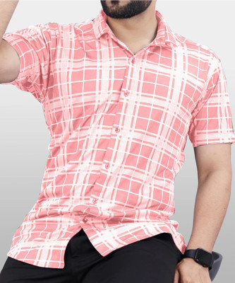 dream believe fashion Men Checkered Casual Pink, White Shirt