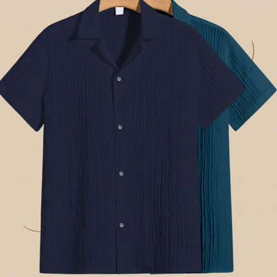 Looksky Men Self Design Casual Dark Blue, Blue Shirt(Pack of 2)