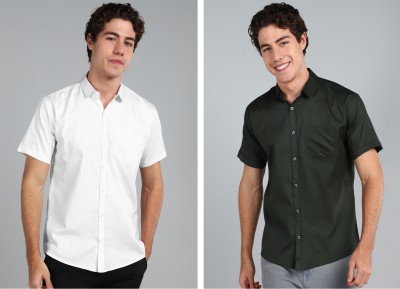 PAGDI Men Solid Casual Dark Green, White Shirt(Pack of 2)