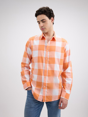 Pepe Jeans Men Checkered Casual Orange, White Shirt