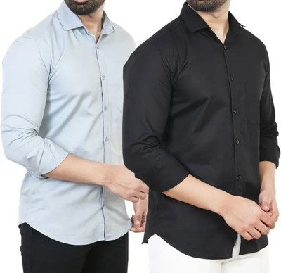 Hansroop Men Solid Casual Grey, Black Shirt(Pack of 2)