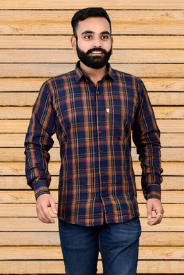 V K Creation Men Checkered Casual Dark Blue, Beige Shirt