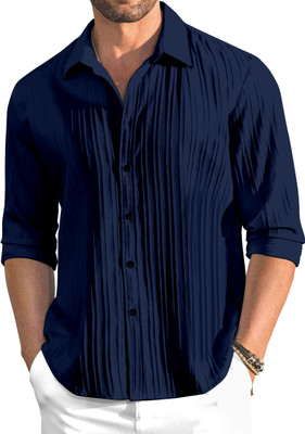OXXOM Men Self Design Casual Dark Blue Shirt