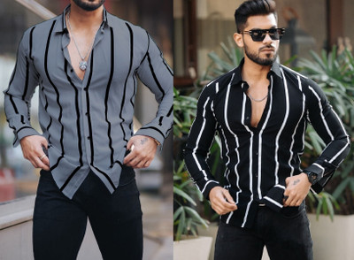 COMBRAIDED Men Striped Casual Black, Grey Shirt(Pack of 2)