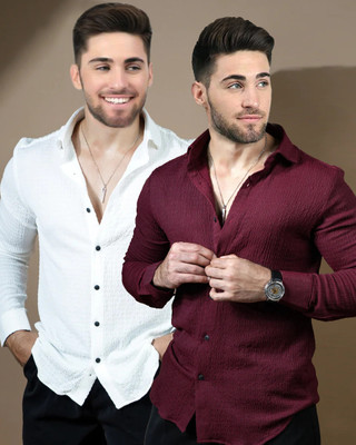 Marmic Fab Men Solid Casual Maroon, White Shirt(Pack of 2)