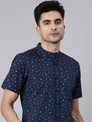 JOVEN Men Printed Casual Dark Blue Shirt