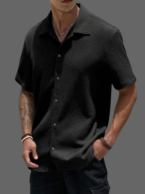 HouseOfCommon Men Self Design Casual Black Shirt