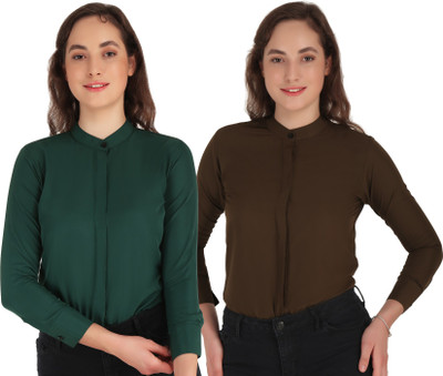 Giggles Women Solid Casual Dark Green, Brown Shirt(Pack of 2)