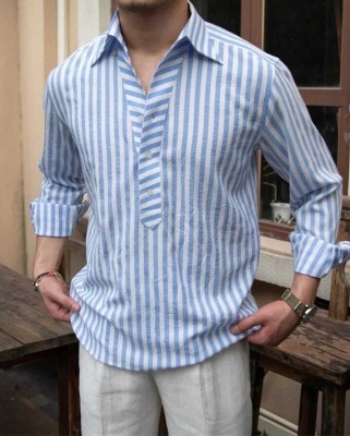 SHYAM SILK CREATION Men Striped Party Blue Shirt