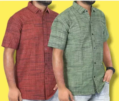 ZWINGS Men Self Design Casual Maroon, Green Shirt(Pack of 2)