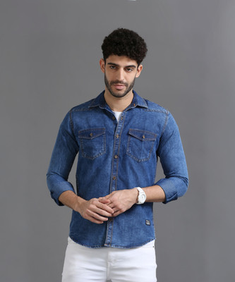 PRINTOUT Men Solid, Dyed/Ombre Casual Blue Shirt