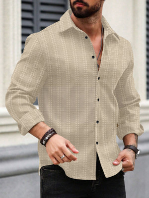 SPOQUE Men Self Design Casual Beige Shirt