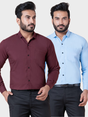BONCUE Men Solid Formal Maroon, Light Blue Shirt(Pack of 2)