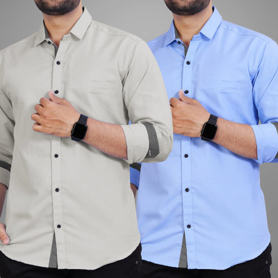 BROWEARS Men Solid Casual Grey, Light Blue Shirt(Pack of 2)