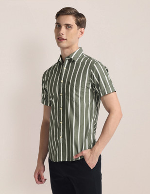 U.S. POLO ASSN. Men Striped Casual Dark Green, White Shirt