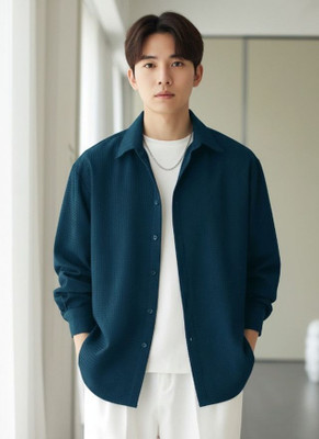 Leriya Fashion Men Self Design Casual Dark Blue Shirt