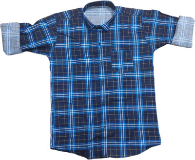 THE TINGGE Boys Checkered Casual Blue Shirt