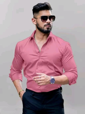 MUMIN Men Solid Formal Pink Shirt