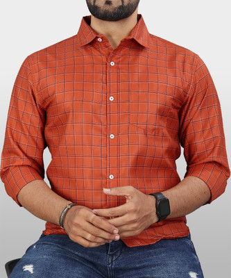 VeBNoR Men Checkered Formal Orange Shirt