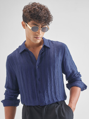 HIGHLANDER Men Self Design Casual Dark Blue Shirt