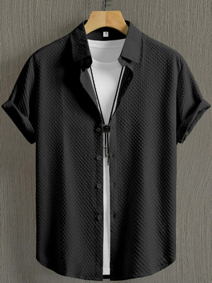 Webric Men Self Design Casual Black Shirt