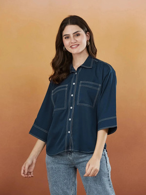 J TURRITOPSIS Women Solid Casual Blue Shirt