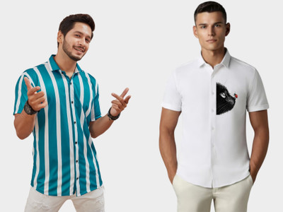 Emporium Men Striped, Self Design Casual Blue Shirt(Pack of 2)