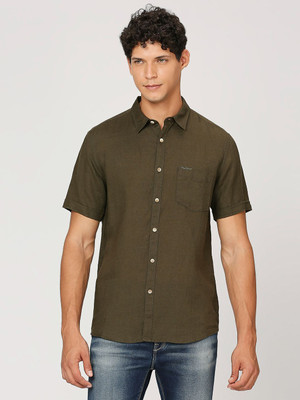 Pepe Jeans Men Self Design Casual Dark Green Shirt