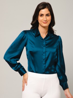 PURYS Women Solid Casual Blue Shirt