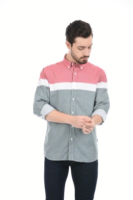 London Fog Men Color Block Casual Pink, White, Grey Shirt