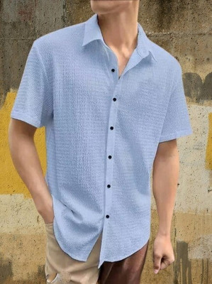 MUMIN Men Self Design Casual Light Blue Shirt