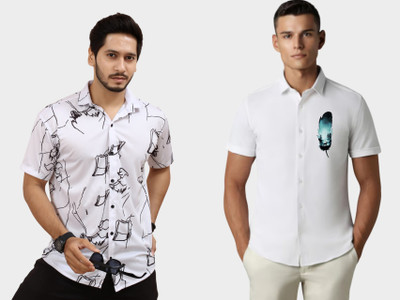 DADA IMPEX Men Printed Casual White, Black Shirt(Pack of 2)