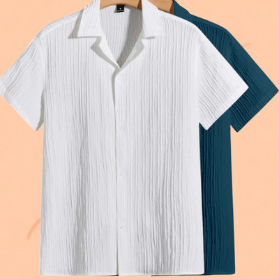 Looksky Men Self Design Casual White, Blue Shirt(Pack of 2)
