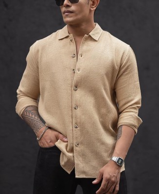 Velvet Men Self Design Casual Beige Shirt