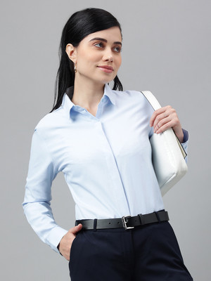 English Navy Women Solid Formal Light Blue Shirt
