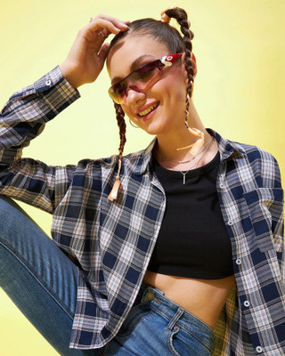 Chimpaaanzee Women Checkered Casual Dark Blue Shirt