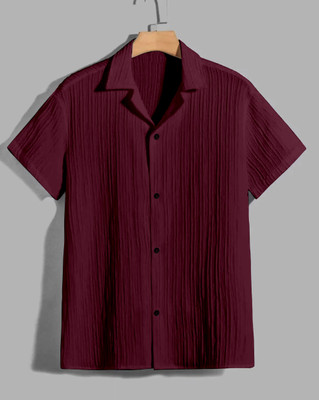 VK Couture Men Striped Casual Maroon Shirt