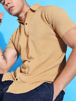 NIVICK Men Self Design Casual Cream Shirt