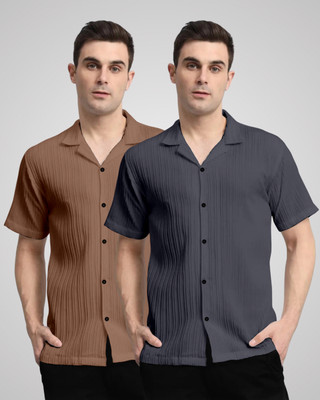 VK Couture Men Self Design Casual Brown, Grey Shirt(Pack of 2)