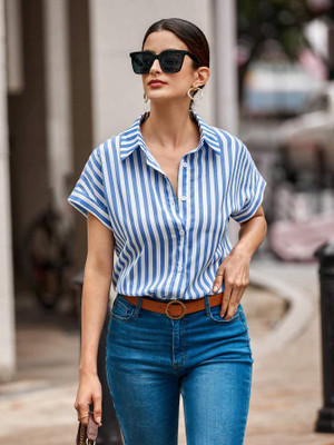 CLASSYFASHION Women Striped Casual Light Blue, White Shirt