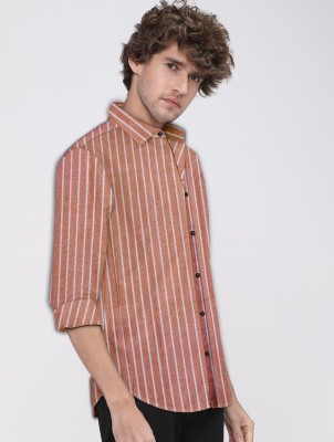 ISUEL FAB Men Striped Casual Orange, White Shirt