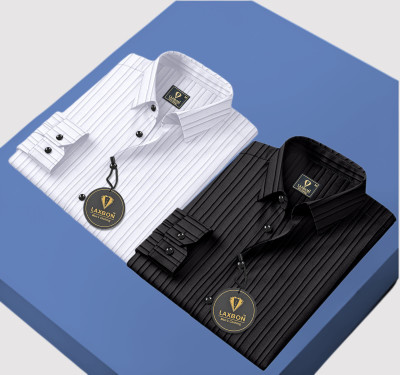 LAXBON Men Self Design Casual White, Black Shirt