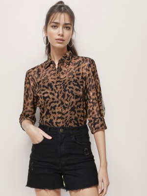 GlowRist Women Animal Print Casual Brown Shirt