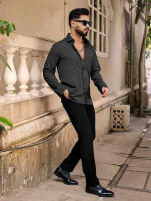 TT EXPORT Men Self Design Casual Black Shirt