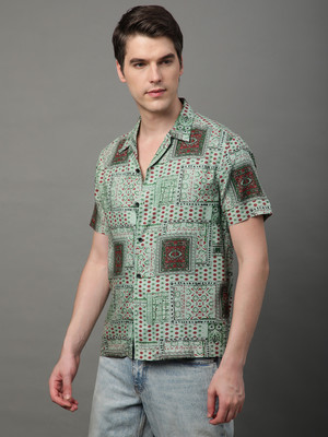 Voroxy Men Ethnic Motifs Casual Green Shirt