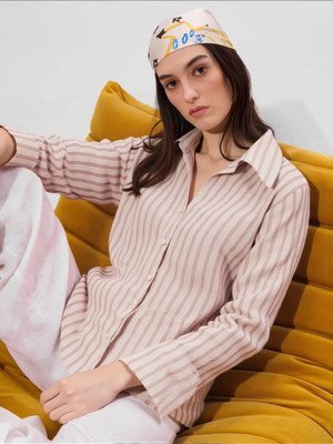 MAYKR Women Striped Casual Beige Shirt
