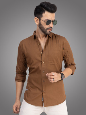 D Finish Men Solid Casual Brown Shirt