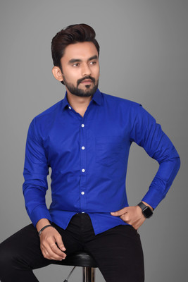 Voroxy Men Solid Casual Dark Blue Shirt