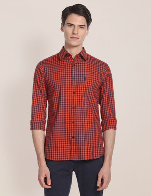 U.S. POLO ASSN. Men Checkered Casual Orange Shirt